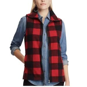 Chaps Ralph Lauren Fleece Vest Buffalo Plaid Full‎ Zip Pockets Red Black